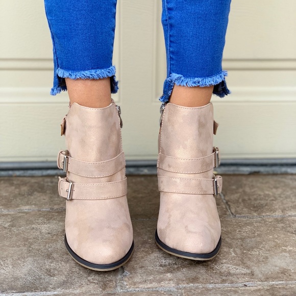 Taupe Distressed Buckled Block Heel Ankle Booties - Picture 3 of 4